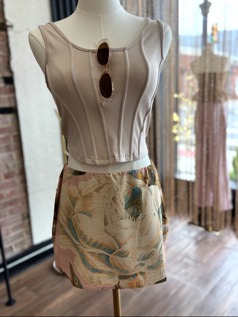 Floral Print Mini Skirt in Blush and Green